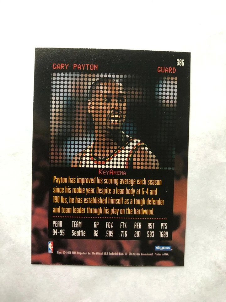Nice 1996 GARY PAYTON SkyBox Basketball Card # 386 Made in USA - Image 4 of 4