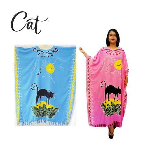CAT 100% Cotton Feline Animal Print Kaftan Caftan Cool Beach Dress Long Ladies - 第 1/4 張圖片