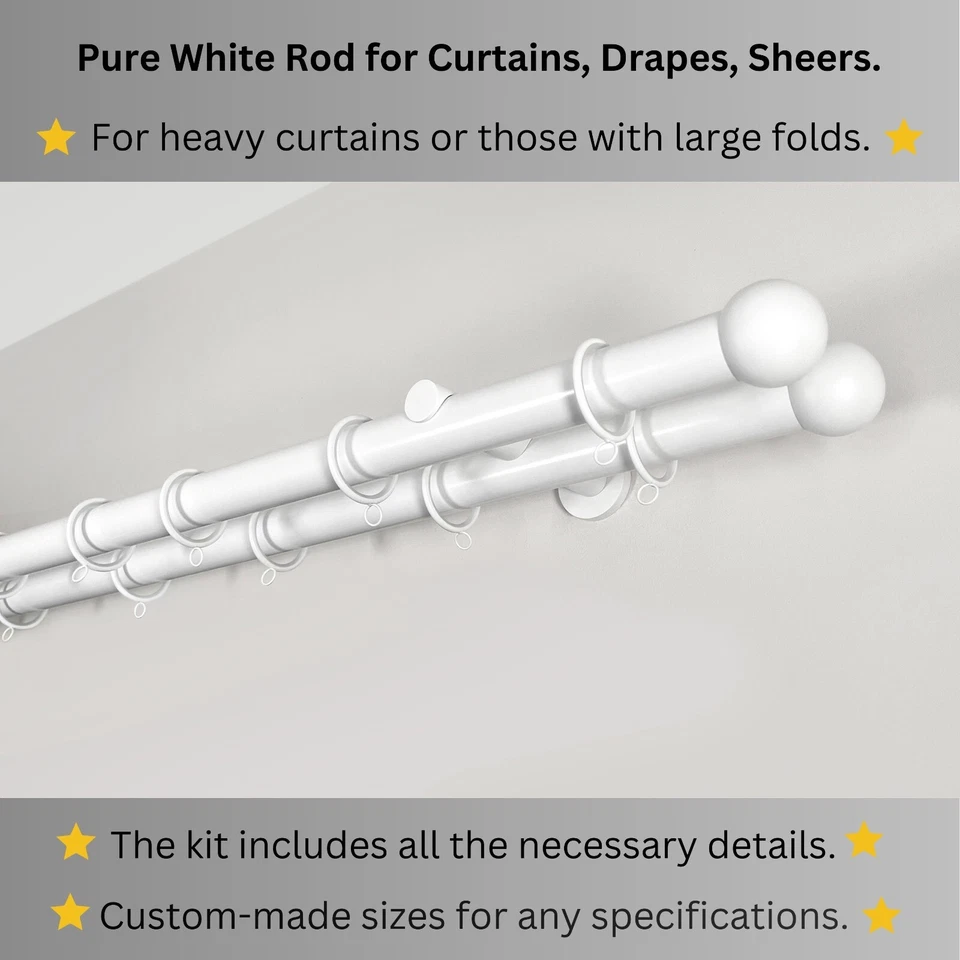 Postes de cortina dobles blancos premium - duraderos, montaje en pared, extra largos, cualquier tamaño Foto 3 de 4