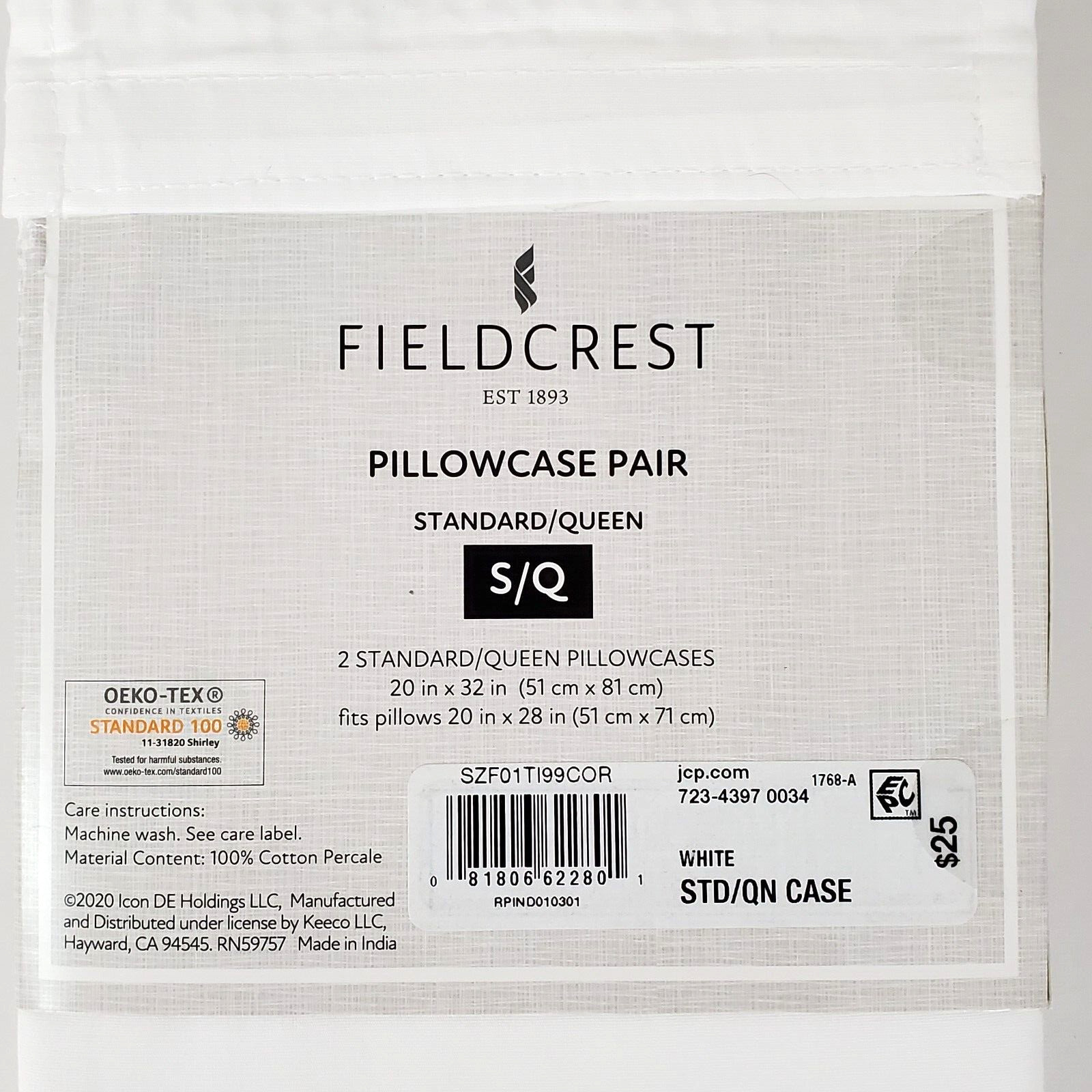Fieldcrest 100 Cotton 2 Standard/Queen Pillowcases New Falak Tayyeb