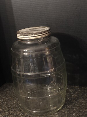 Large Glass Pickle/Pigs Feet Jar Keg Barrel Style W/Lid Vintage 13  Tall