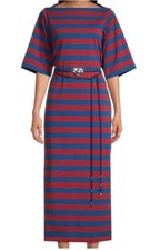 TORY BURCH Jersey Stripe Dress With Logo Belt Cotton Sz Small navy/red NWT