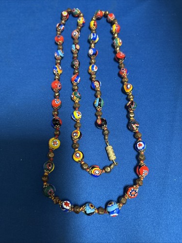 Vintage Murano Venetian Millefiori Glass Bead Necklace 33” Long Length
