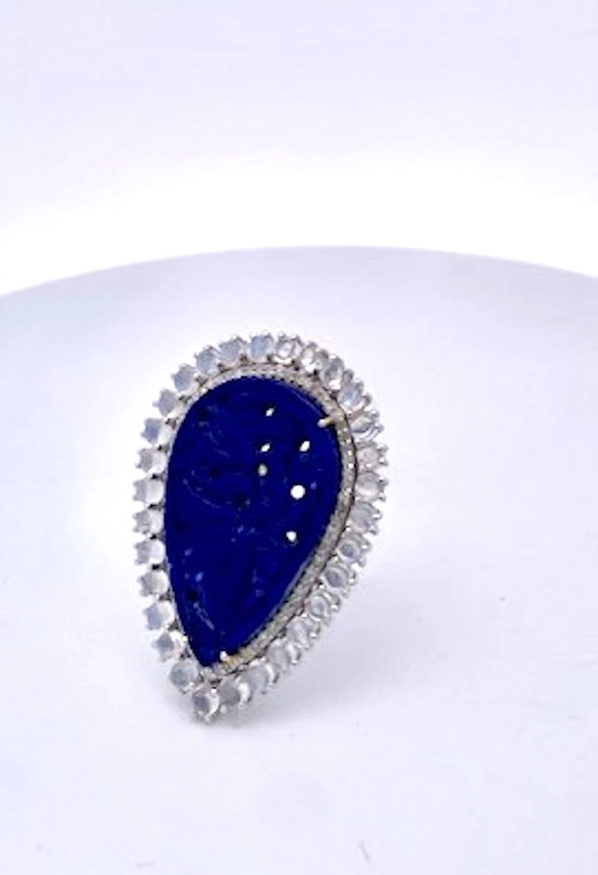 Anillo de diamantes y piedra lunar lapislázuli tallada 14K Foto 3 de 4