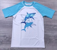 Lands End Shirt Boys Large 10-12 White Shark Rash Guard Swim Shirt Kids