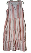 J. Jill Pink White Striped Sleeveless Boho Peasant Hippy Dress w/Pockets Large