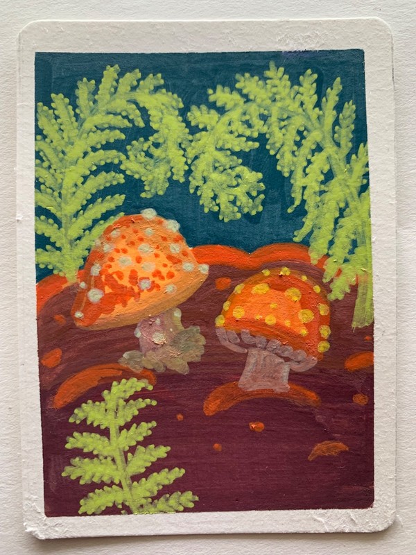 ACEO original art card colorful acrylic marker whimsical mushroom art ooak