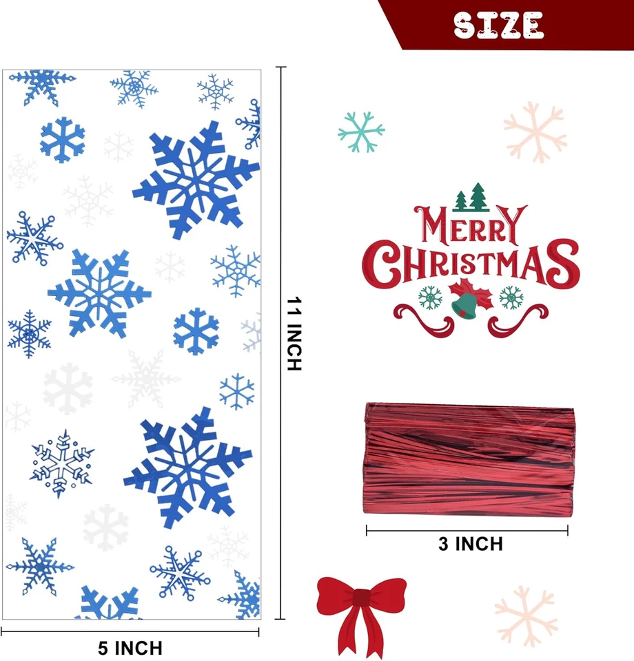 100 Piezas Bolsas de Golosinas de Navidad, Copo de Nieve Navidad Celofán Transparente Caramelo Galleta Foto 2 de 4
