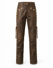 Men's Distressed Brown Leather Lace Up Pants Studded Biker Western Trousers