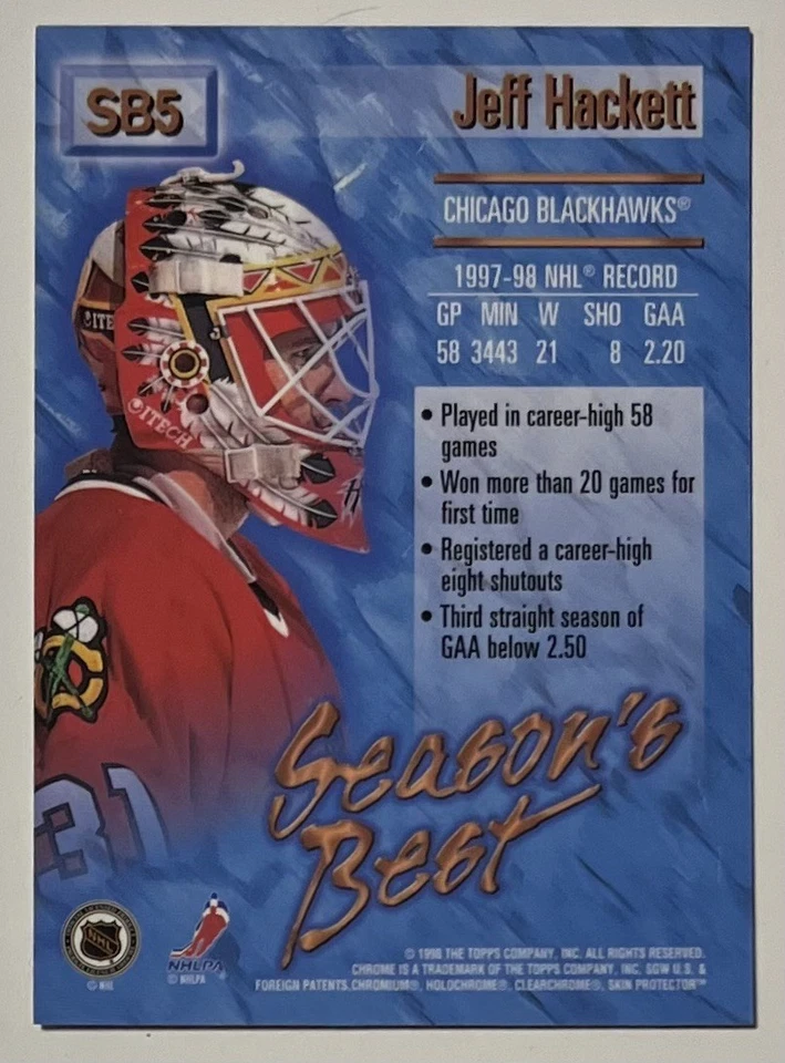Jeff Hackett 1998-99 O-Pee-Chee Chrome Season’s Best Net Minders #SB5 - Image 2 of 2