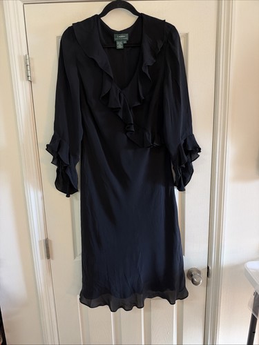 Lauren Ralph Lauren, Lauren Ralph Lauren Black Silk Ruffle Midi Dress Long Sleeve V-Neck Size 12