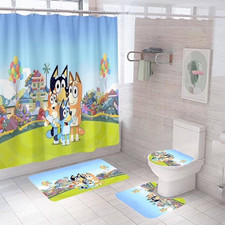 Blue Dog bathroom set, 3 PCS Toilet Seat rugs, Shower Curtain