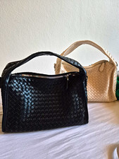 Schultertasche geflochten Leder schwarz Halbm...