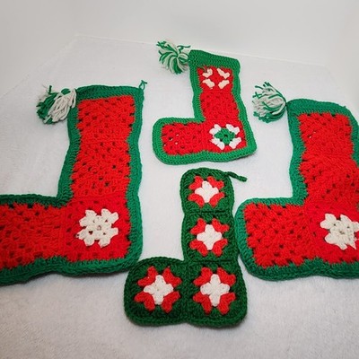 Vtg Handmade Lot of 4 Crochet Granny Square Christmas Stockings White Red Green