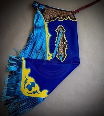 Hand Tooled Leather Rodeo Chaps with Fringe | Custom Western Bull Riding Gear