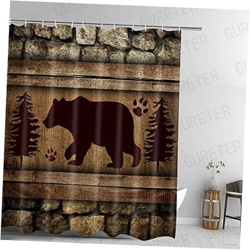 Black Bear Shower Curtain Woodland Wild Animal Bathroom Decor Rustic Farmhouse