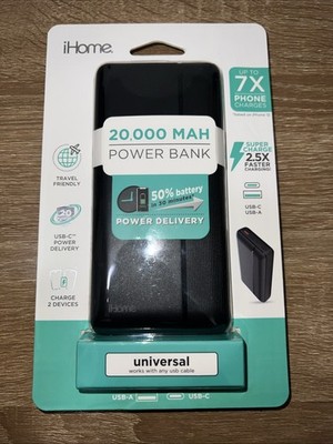 NEW iHome 20 000mAh Power Bank USB-C Fast Charge Travel-Friendly Black