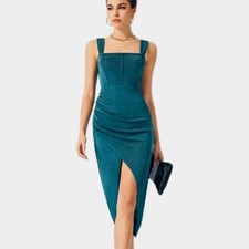 NWT Cider Midi Dress Size L Teal Stretchy Formal Cocktail Wedding Guest Slit