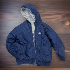 VTG Adidas 90's Reversible Hooded Jacket Navy Blue/Gray Fleece Youth Med/Lg