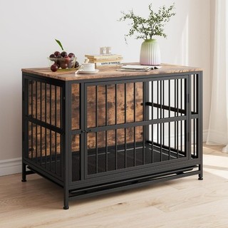 Indoor Pet Kennel Wooden Top 2 Door Cage for Large Dogs Rustic Brown Indoor Use