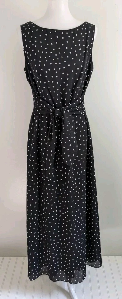 Maxi Vestido De Colección Años 90 Rayón Sin Mangas Funda Negro Blanco Lunares Corbata Cintura 12 Foto 2 de 4