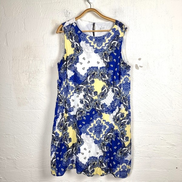 W LANE Womens Dress Size 18 Blue Yellow White Paisley Sleeveless A-line Ladies