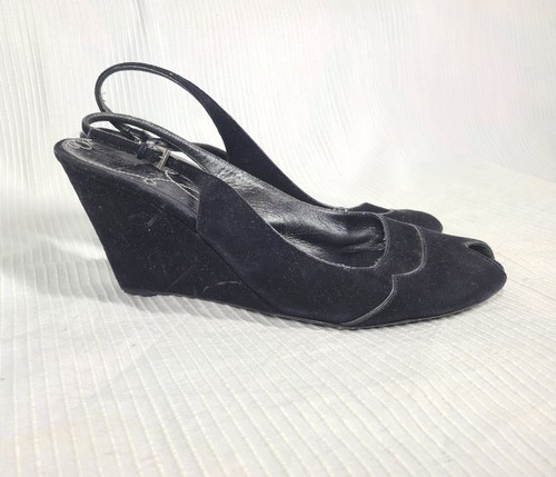 Vtg Y2k Prada Black Suede Shoes High Heel Wedge 40.5 Slingback 40s Retro Pinup