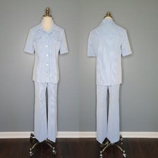 1970s Blue and White Striped Polyester Set 70s Leisure Suit