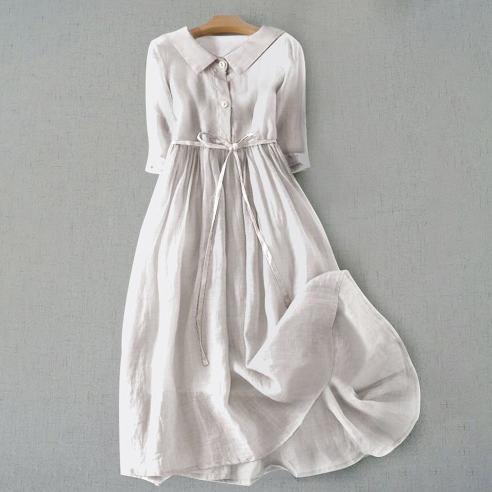 Women LaceUp WaistDefined Henley Shirt Midi Dress Summer Half Sleeve