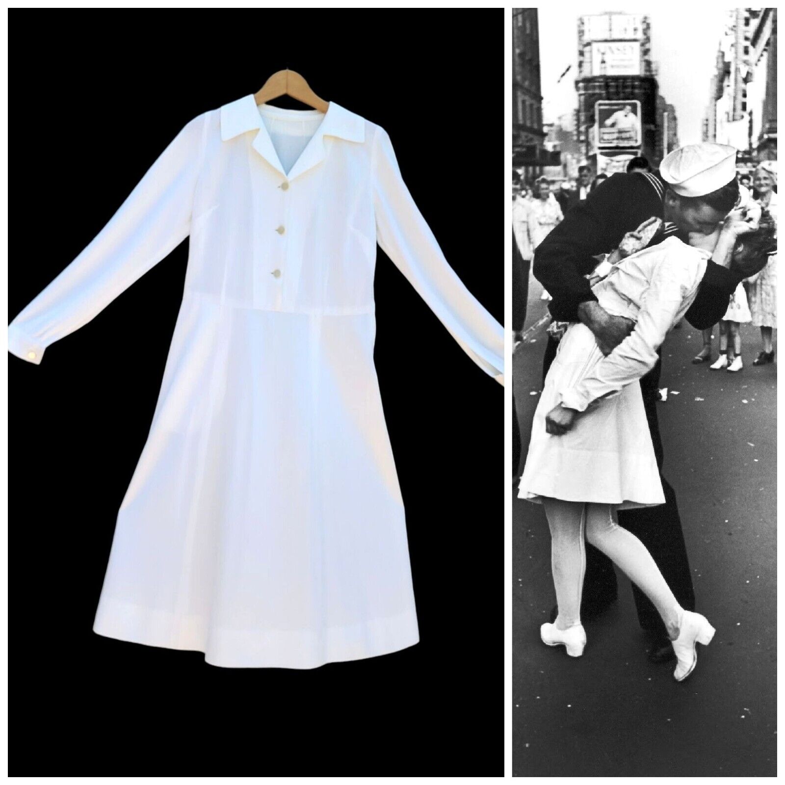 1940s White Dress Nurse Uniform WWII V-J Day Kiss Costume Women 12 Talon Zipper