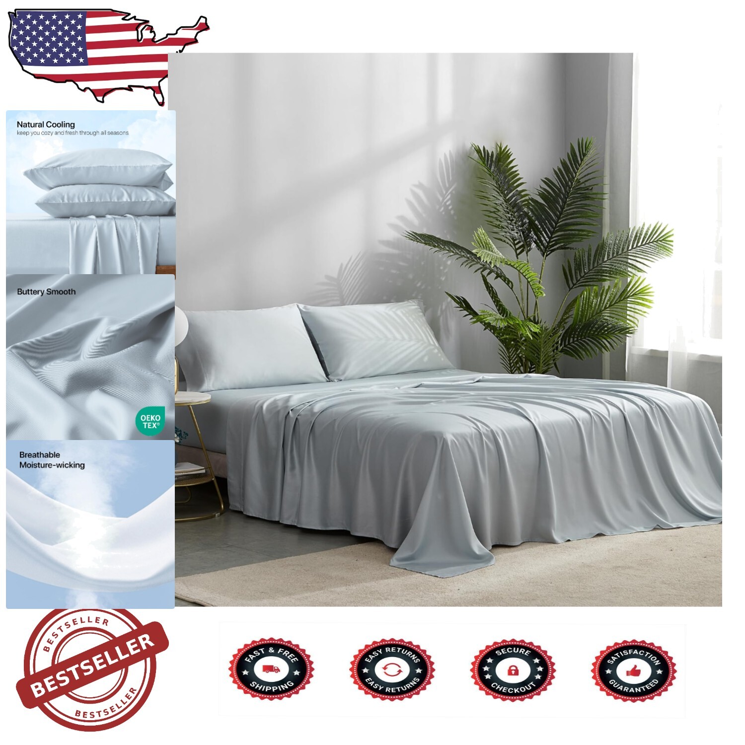 California King Size 4pc Bamboo Cooling Sheets - Hotel Quality & Eco-Friendly