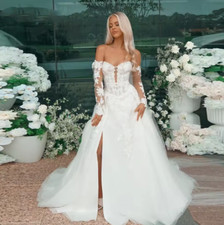 Attractive A-line Wedding Dresses Slit Pleat Off the Shoulder Lace Appliques