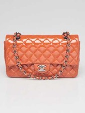 Chanel Orange Quilted Patent Leather Classic Medium Double Flap Bag