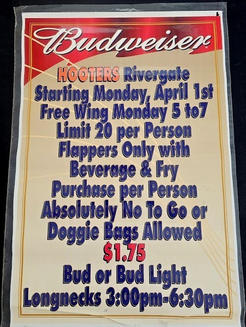 Vtg 2000's Hooters Free Wing Monday Bud Bud Light Promo Banner Poster Laminated