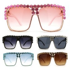 Womens Oversize Rhinestone Flat Top Showy Diva Sunglasses