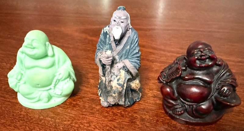 Vintage 3 Small Figurines, 2 Happy Laughing Buddhas, 1 Old Chinese Man