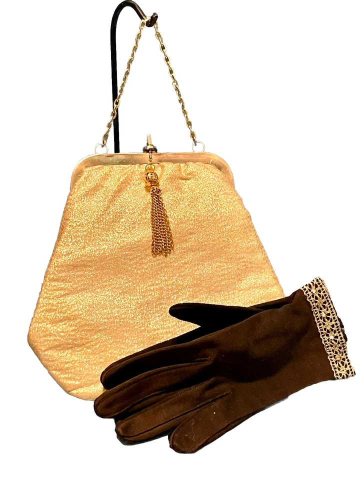 Cartera dorada brillante de colección/guantes de nailon elásticos marrones adorno de cinta dorada (2) Foto 2 de 4