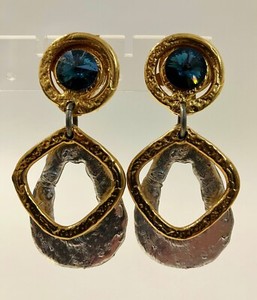 Authentic Smokey Blue Crystal Earrings Clip On Unique Handmade Silver Gold Plated Dangle