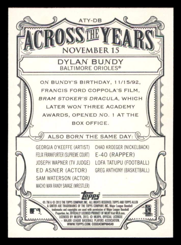 2013 Topps Allen & Ginter #ATY-DB Dylan Bundy Baltimore Orioles Across the Years - Image 2 of 2