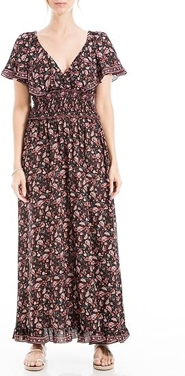 Max Studio $178 Flutter Sleeve Empire Waist Red/Black Floral Maxi Dress S NWT