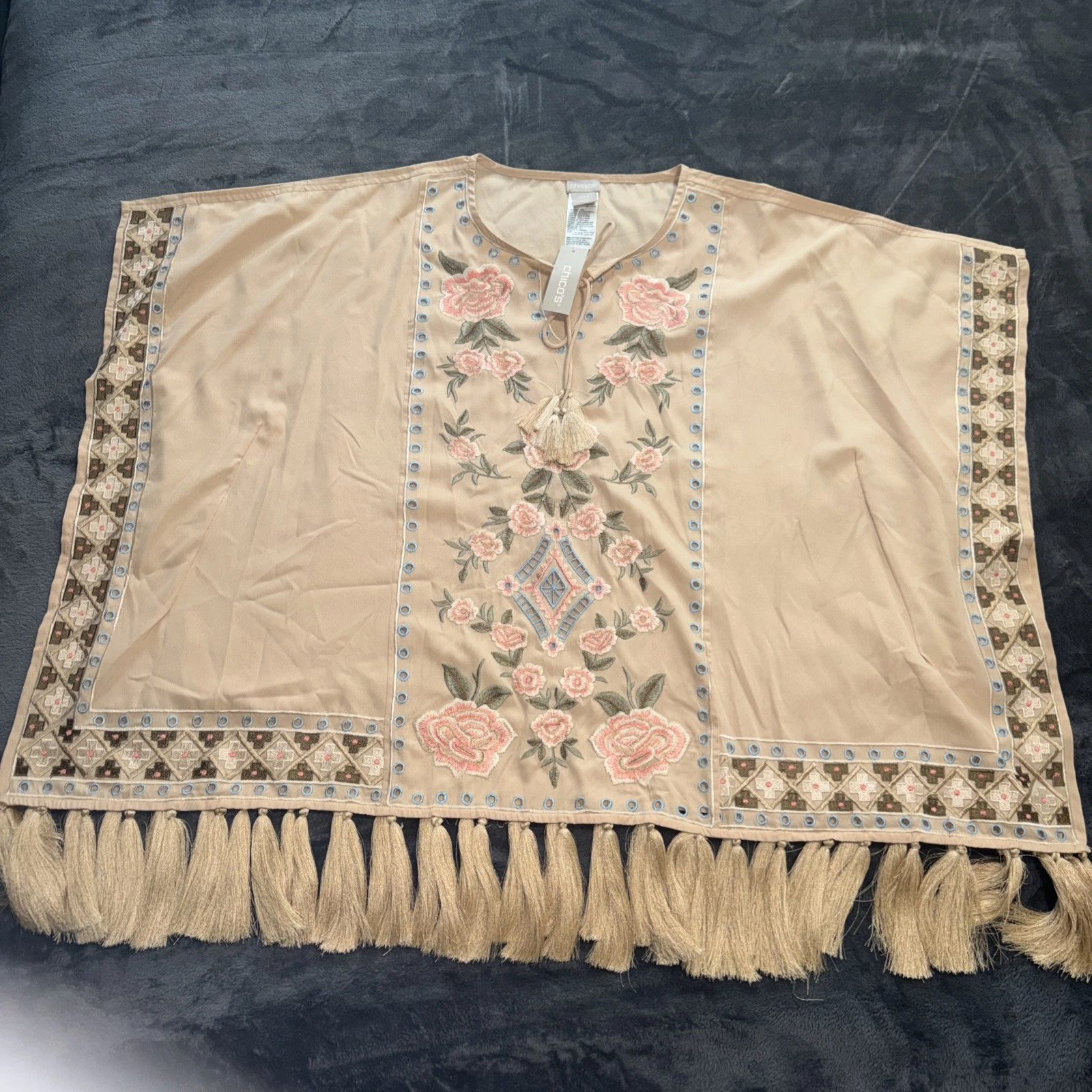 Chico's Rose Embroidered Poncho Blush Peach Size S/M Tasseled Boho Oversized