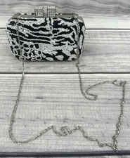 VINTAGE J FRANCIS SEQUIN ZEBRA PRINT HARD CASE CLUTCH  - RHINESTONE DICE CLASP
