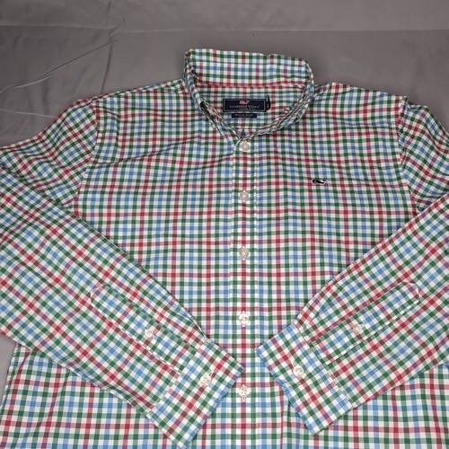 Vineyard Vines Shirt Boys XL (18) Red Green Check Button Up Whale Youth - Picture 4 of 8