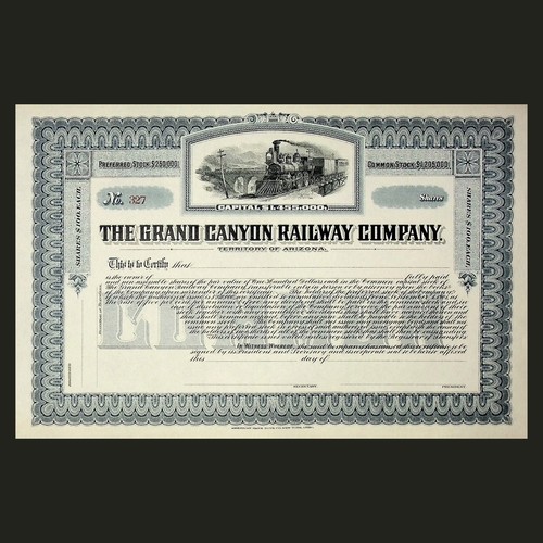 The Grand Canyon Railway Company Aktienzertifikat Anfang 1900 - nicht ausgestellt - Bild 1 von 2