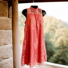 Maurices Womens Shift Dress Pink Mini Floral Keyhole Mock Neck Sleeveless Lace S