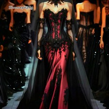 Black And Red Gothic Mermaid Wedding Dresses Train Lace Corset Bridal Gowns