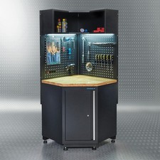 Datona  Eckwerkbank-Modul + Eichenholz-Arbeitsplatte  Lochwand  offenem
