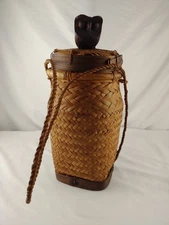 VTG Rattan Woven Basket Carved Owl Lid String Handle Lombok Island Tribe 13" 