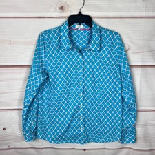 Crown & Ivy Top Womens L Blue Geometric Print Shirt Button Up Long Sleeve Cotton