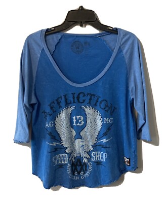 AFFLICTION LADIES T-SHIRT TEE Baseball SHIRT TOP Blue Eagle EUC Size Large